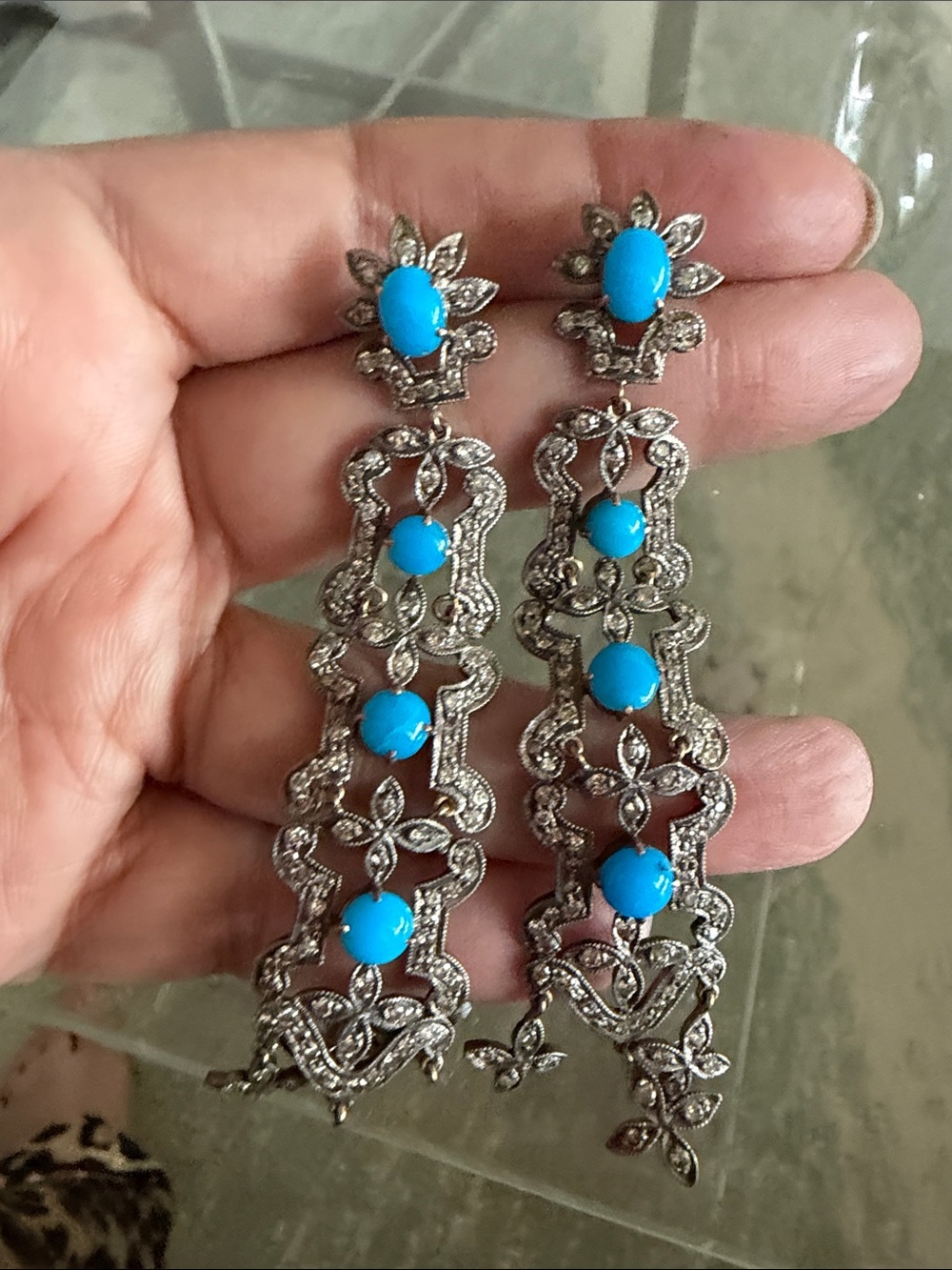 Silver Filigree Drop Earrings with Turquoise Accents - Picture 3 of 7